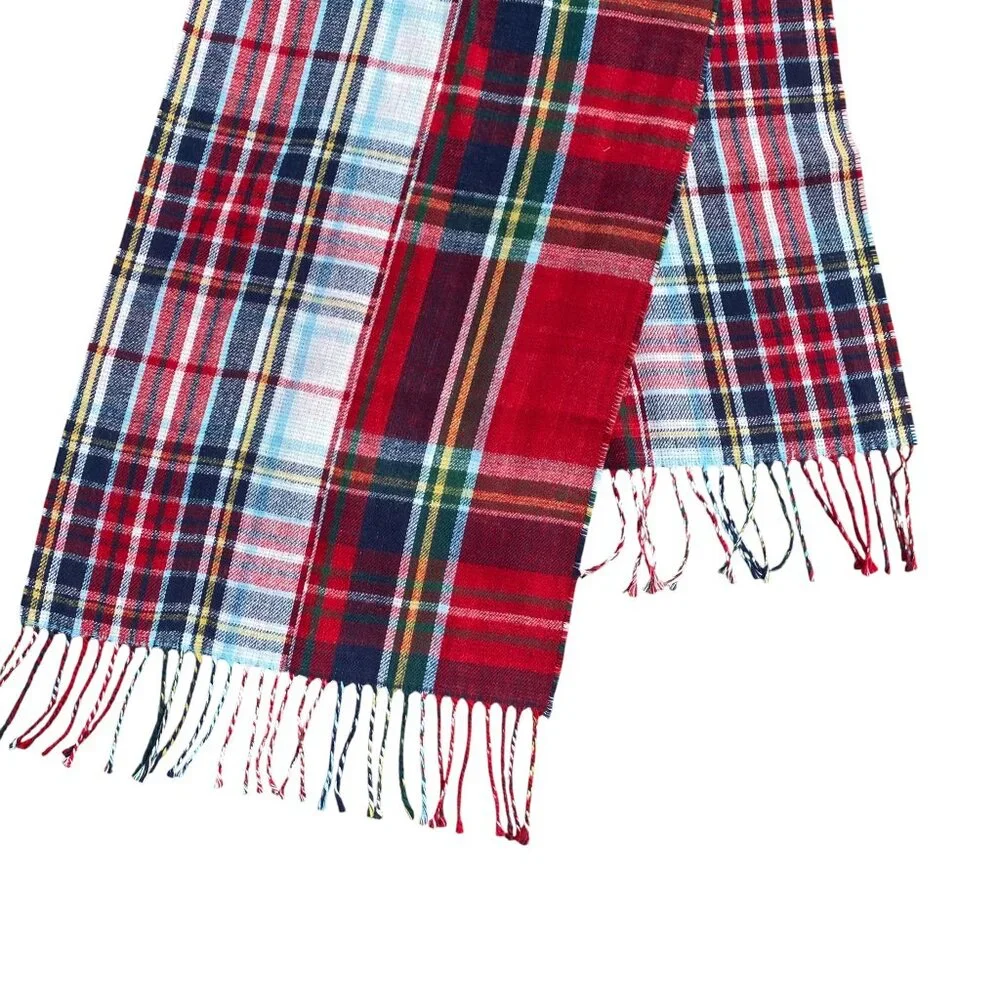 Lands End Unisex Tartan Plaid Scarf Red Blue Classic Holiday Old Money Preppy